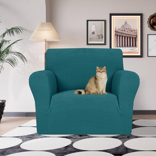 JIVINER Stretch Armchair Slipcovers, 1 Piece Chair Sofa Covers 1 Seater Couch Covers with Elastic Bottom for Kids, Pets (Small, Teal Rhomb)