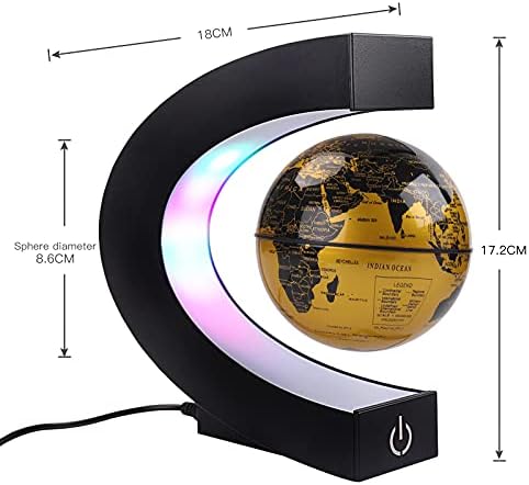 Floating Globe with Colored LED Lights C Shape Anti Gravity Magnetic Levitation Rotating World Map with Touch Switch for Gift Home Office Desk Decoration With Switch (Gold)
