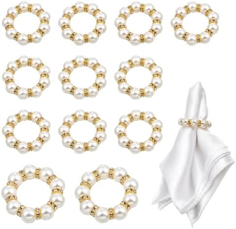 Napkin Rings Set of 12, Pearl Napkin Rings Gold for Table