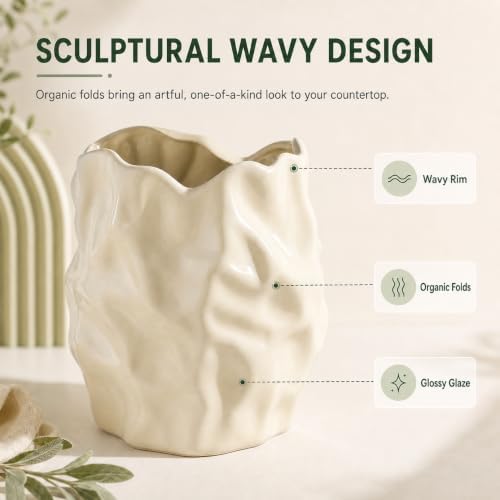 Ceramic Utensil Holder for Kitchen Countertop, 6 Inch, Cream White