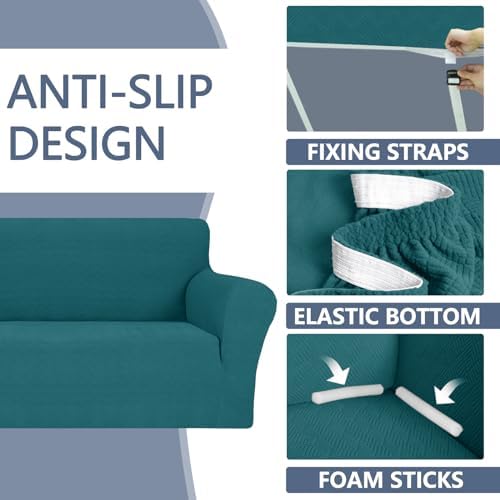 JIVINER Stretch Loveseat Slipcovers 1 Piece Love Seat Sofa Cover Spandex 2 Seater Couch Covers Universal Furniture Protector with Elastic Bottom (Medium, Teal Rhomb)