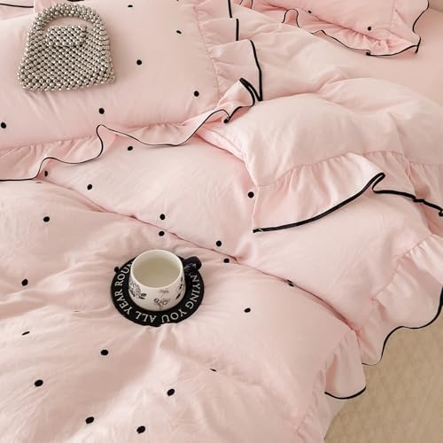 Polka Dot Duvet Cover Set Queen Princess Style Ruffle Bedding Set, 3 Pieces Soft Microfiber Cute Dots Pattern Pink Comforter Cover with Ruffles, Girls Romantic Ruffle Duvet Cover with Zipper Closure