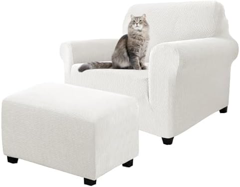 2 Piece Stretch Chair and Ottoman Cover Set, Jacquard Accent Armchair and Foot Stool Slip Cover, Non-Slip Slipcover for Chair with Footrest (Ivory,2 Pieces Set)