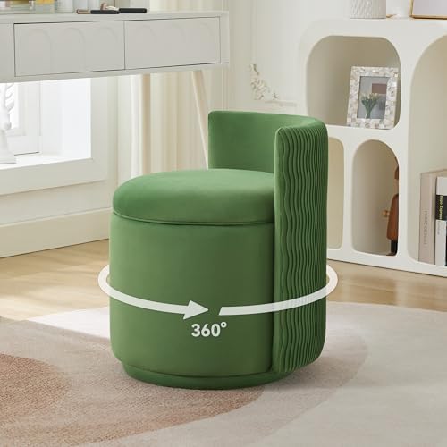 WUTUTUEE Velvet Vanity Chair with Storage, 360° Swivel Makeup Chair with Wave Back, No Assembly Small Accent Stool for Bedroom, Dressing, Living Room, Green