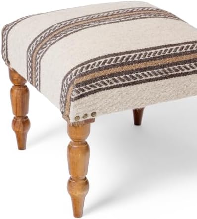 Handmade Jute Ottoman Stool with Wooden Legs | Square Upholstered Foot Rest & Accent Seating | Woven Vanity Stool for Living Room, Bedroom, Hall, Entryway & Home Décor (White Wool)
