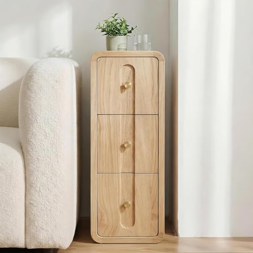 Narrow Nightstand Set of 2, Small Bedside Table with 3 Drawers, Mid Century Modern Skinny Nightstand with Storage, Wood Slim Side Table for Bedroom, Living Room (Natural-2pcs)