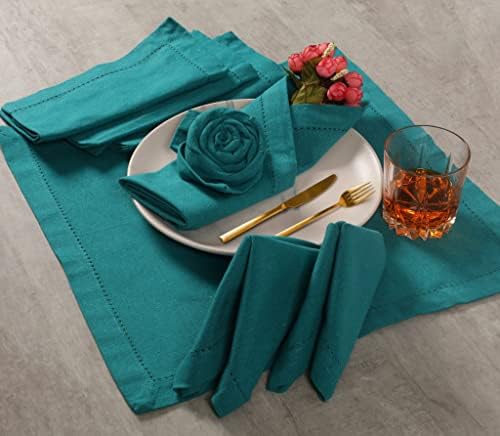 Lightnpro Hemstitched Cotton Dinner Napkins Set of 12, 18x18 Inch Teal