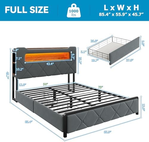 Jocoevol Full Upholstered LED Bed Frame with 2 Storage Drawers and 2-Tier Storage Headboard, Velvet Platform Bed with Charging Station & Bookcase, Heavy Duty Metal Support, No Box Spring Needed, Grey