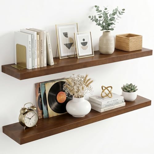 fuqing 40 Inch Floating Shelves 6.7'' Deep Dark Wood Wall Shelves Set of 2