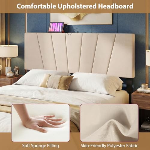 GIANTEX Headboard with Charging Station, Queen/Full Size Tufted Upholstered Head Board w/2 AC Outlets, USB & Type-C Port, Rubber Wood Legs, Width Adjustable Modern Bed Headboard Only (Beige)