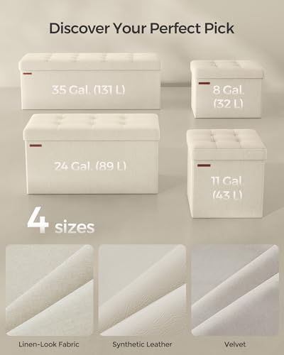 SONGMICS Mazie Collection - Small Folding Storage Ottoman, Foot Rest Stool, 12.2 x 16.1 x 12.2 Inches, 286 lb Load Capacity, for Living Room, Bedroom, Home Office, Dorm, Cream White ULSF102W01