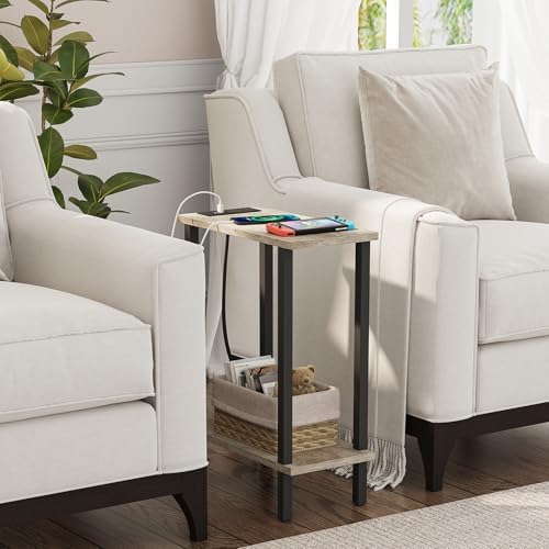 TUTOTAK Narrow Side Table, 2-Tier Small End Table with Charging Station