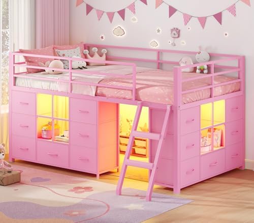 Low Loft Bed Twin Size with 14 Storage Drawers & 2 Shelves, Pink