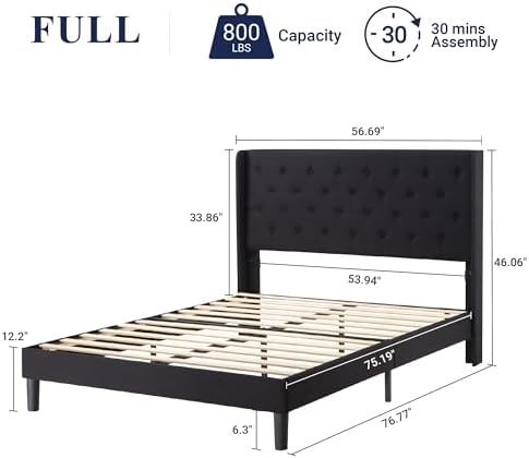 Allewie Full Size Bed Frame with Button Tufted Wingback Headboard, Black