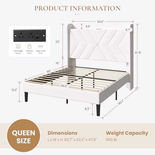 SHA CERLIN Queen Bed Frame, Velvet Upholstered Platform Bed Frame with Wingback Storage Headboard & Charging Station, Geometric Tufted Design, No Box Spring Needed, Easy Assembly, White