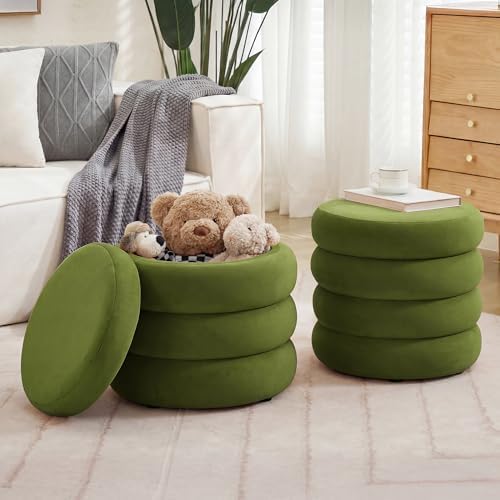 Round Velvet Storage Ottoman Set of 2, Tufted Vanity Stool for Dorm