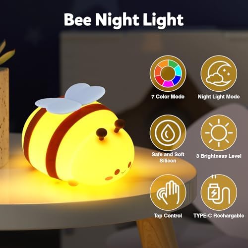 Bee Night Light, Cute Silicone Animal Bedside Lamp, Night Lamp for Kids Room, Dimmable LED Lamp,Bedroom Touch Lamp, Nursery,Baby Room&Girls Room Decor, Baby Boys Girls Gift,Rechargeable Nightlight