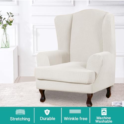 Turquoize Wingback Chair Covers 2 Piece Wing Chair Slipcover Stretch Slipcovers for Wingback Chairs Spandex Jacquard Fabric with Elastic Bottom Non-Slip Furniture Cover, Porcelain White