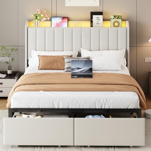 Queen Size Bed Frames with Storage Headboard and 2 Drawers, Upholstered Platform Bed Frame Queen with Led Lights and Handy Charging Station, No Box Spring Needed, Easy Assembly, Noise Free, Beige