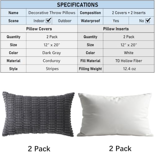 2 Pack Corduroy Decorative Throw Pillow with Inserts, 18x18 Inch Soft Boho Throw Pillow, Square Striped Throw Pillows for Couch, Bed, Sofa Decor (Dark Gray, 12" x 20" (with Inserts))
