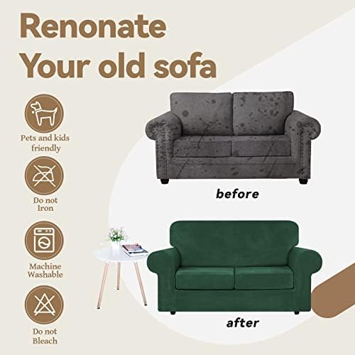 WEERRW Velvet Stretch 3 Pieces Couch Cover for Sofa Washable, Emerald Green