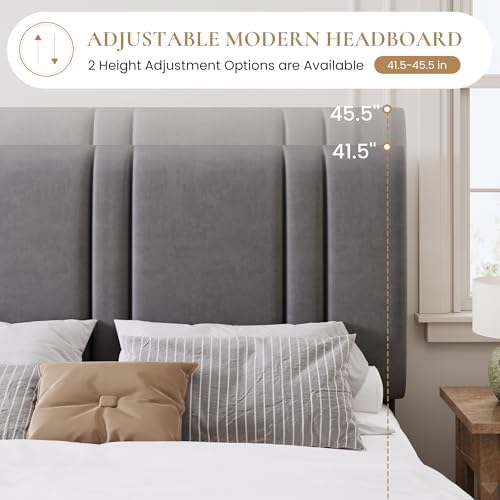 SHA CERLIN Full Size Velvet Bed Frame with Adjustable Headboard, Grey