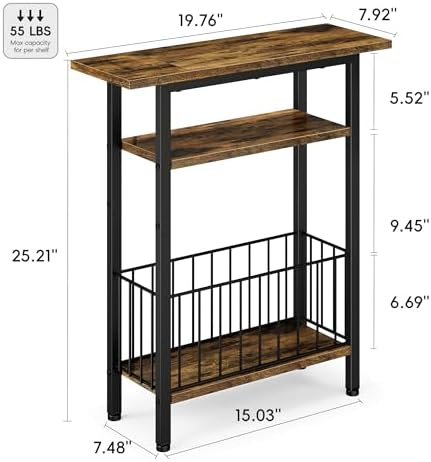 Vagusicc Narrow Side Table, 3-Tier Skinny End Table for Couch Sofa, Small Side Tables for Small Spaces, Bed Side Table with Storage, 25.2" Tall Slim Nightstand for Living Room, Bedroom, Rustic Brown