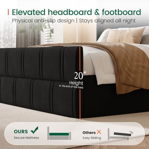LARMACE 55.1" Tall Headboard Queen Size Bed Frame, 2 Reading Lights, Black