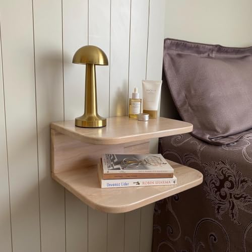 Floating Nightstand Wooden, Solid Alder Wood Bedside Table, Wall Mounted Shelf with LED Option, Slim Side Table with Open Storage, Varnish Finish (Wood White, Without LED, 11.0, Inches)