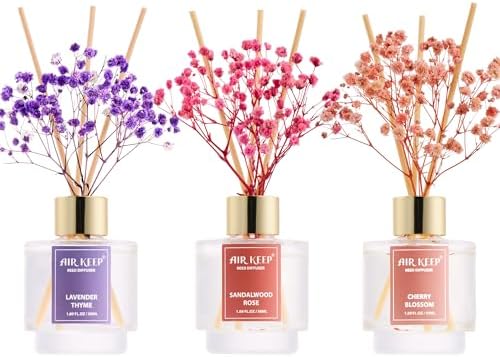 Airkeep Reed Diffuser Set of 3, Lavender Thyme Sandalwood Rose Cherry Blossom Oil Reed Diffusers for Bedroom Living Room Office Aromatherapy Oil Reed Diffuser for Gift 50ml x 3