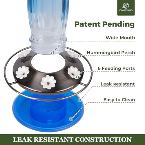 Kingsyard 2 Pack Glass Hummingbird Feeder for Outdoors, 16 Oz Wild Bird Feeder with 6 Feeding Ports Hanging for Garden Yard, Blue (Ant Moat Included)