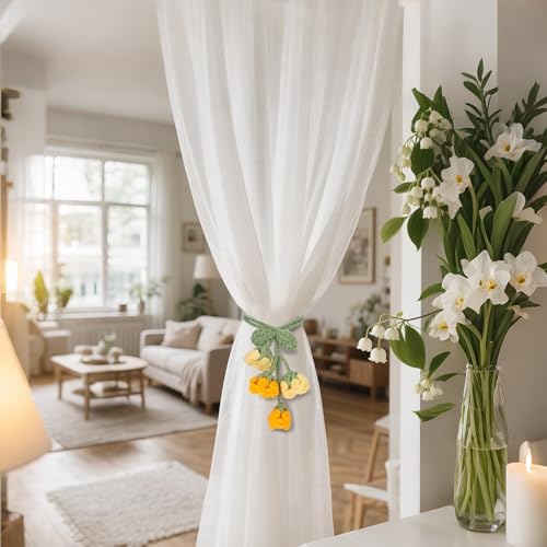 Flower Curtain Tiebacks, 4pcs Lily-of-The-Valley Curtains Holdbacks, Cute Curtain Holdbacks - No Drill Rope Holder, Drape Knitting Handmade for Nursery&Children's Room Decor (Yellow/Orange)