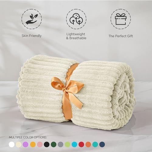 BEDELITE Ribbed Jacquard Beige Fleece Throw Blanket for Couch, 50x60 Inch