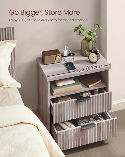 VASAGLE Set of 2 Nightstands with Charging Station, 2 Drawers, Open Shelf