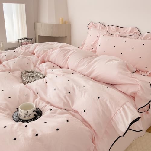 Black Polka Dot Duvet Cover Queen 3-Piece Vintage Pink Ruffled Bedding Set