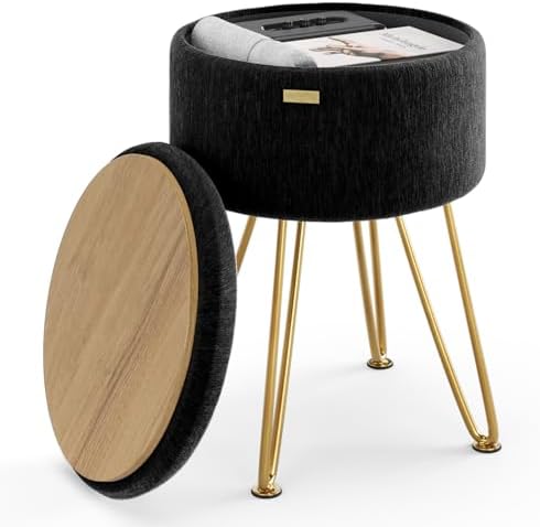 Round Ottoman with Storage, Textured Velvet Storage Ottoman, Foot Stool Ottomans, Makeup Vanity Stool, Small Ottomans Foot Rest, Modern Vanity Stools for Living Room and Bedroom, Black