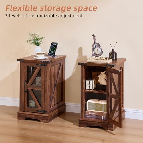 Joaxswe Narrow Night Stand Set 2 with Charger Station, Glass Barn Door