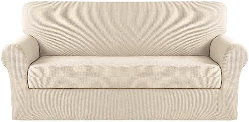 Turquoize Sofa Covers Washable 2 Piece Sofa Covers for 3 Cushion Couch Sofa Slipcovers Stretch Couch Covers Slip Covers with Elastic Bottom Feature Thick Jacquard Fabric (Sofa, Biscotti Beige)