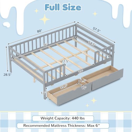 KOMFOTT Full Bed Frame with Rails, Wood Daybed with Side Shelf & 2 Storage Drawers, Platform Bed with Guardrail & Wooden Slat Support for Kids Teens, No Box Spring Needed (Full,Grey)