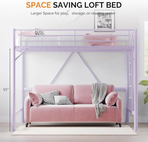 VINGLI Queen Loft Bed with Flat Rungs for Adults, Kids and Young Teens, No Box Spring Required,Heavy Duty Metal Slat Support, Purple