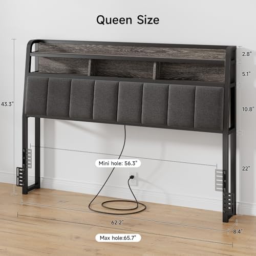 ONBRILL Ergonomic Headboard Queen Size with 2-Tier Storage, Black & Grey