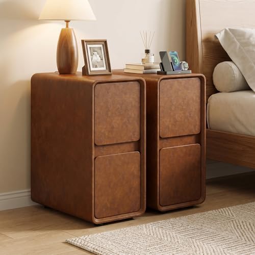 7.8" W Leather Narrow Nightstand Set of 2, Modern Fully-Assembled Bedside Table with 2 Drawers, White Night Stand Small Accent End Table & Side Table for Bedroom, Brown