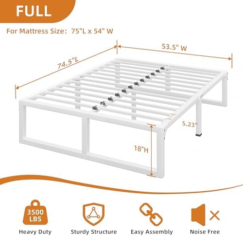 18 Inch Metal Full Size Bed Frame with Steel Support, Noise-Free