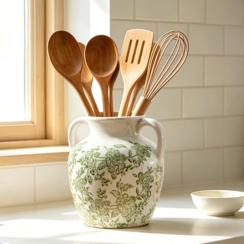 Ceramic Vase with Handles, Vintage Utensil Holder, Flower Decorative Vase Chinoiserie Decor Rustic Farmhouse Retro Floral Vases for Table Bookshelf Mantel Kitchen Living Room Office - 6.7” Green 018
