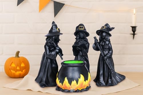 Halloween Witch Figurine Set with Glowing Cauldron – 4PCS Resin Halloween Decorations for Tabletop Mantel Tiered Tray Indoor Haunted House Spooky Witch Statues, Mini Figurines Gothic Home Decor