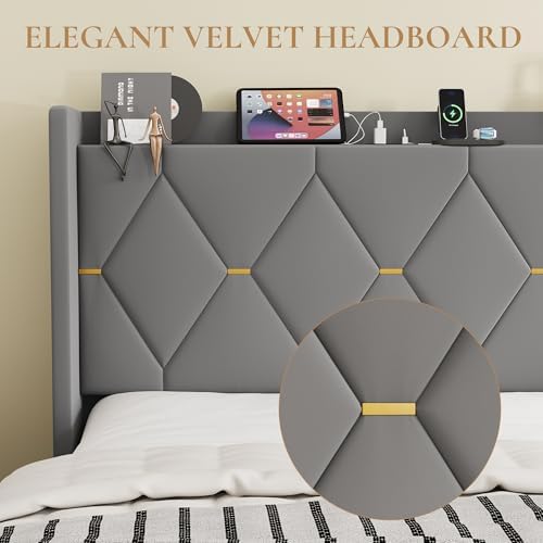 SHA CERLIN Full Size Bed Frame with Storage Headboard & Charging Station
