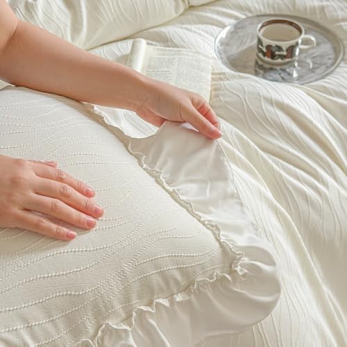 AOJIM Beige Wavy Jacquard Duvet Cover Set Twin Size Shabby Chic Ruffled Bedding Set 3-Piece, Soft Microfiber Zipper Comforter Cover and 2 Pillowcases Aesthetic French Bedding Duvet Cover for Girls