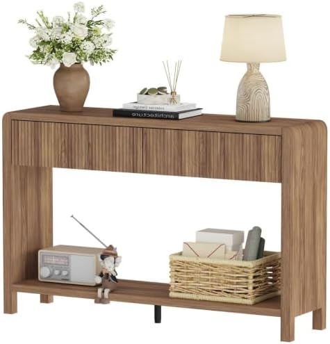 FATORRI Console Sofa Table for Entryway, 47.2 Inch Wood Foyer Tables for Living Room, Farmhouse Couch Table behinde Sofa with 2 Drawers for Hallway Storage, Walnut