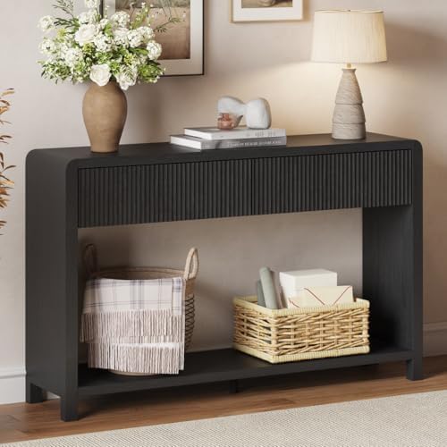 FATORRI Console Table with Storage for Entryway, 47.2 Inch Modern Black Sofa Table with 2 Drawers for Living Room, Wood Hallway Tables Behind Couch for Foyer, Bedroom, Dining