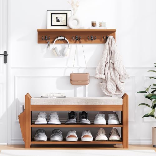 PETKABOO 31.5" Shoe Bench with Coat Rack Hidden Drawer and Side Holder, 2 Tier Entryway Bench with Storage, Bamboo Shoe Rack with Cushion for Entryway Hallway Living Room Bedroom